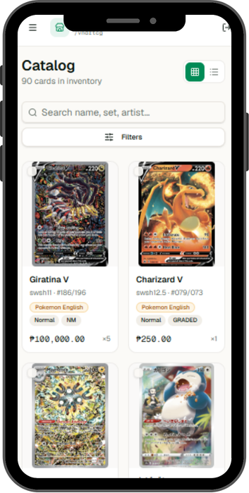 Vendr catalog on mobile showing cards organized by binder