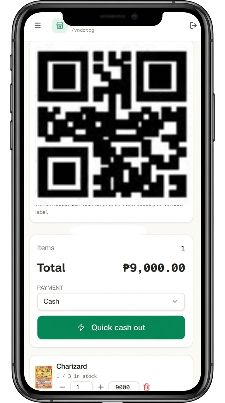 Vendr mobile POS checkout with QR label and quick cash out
