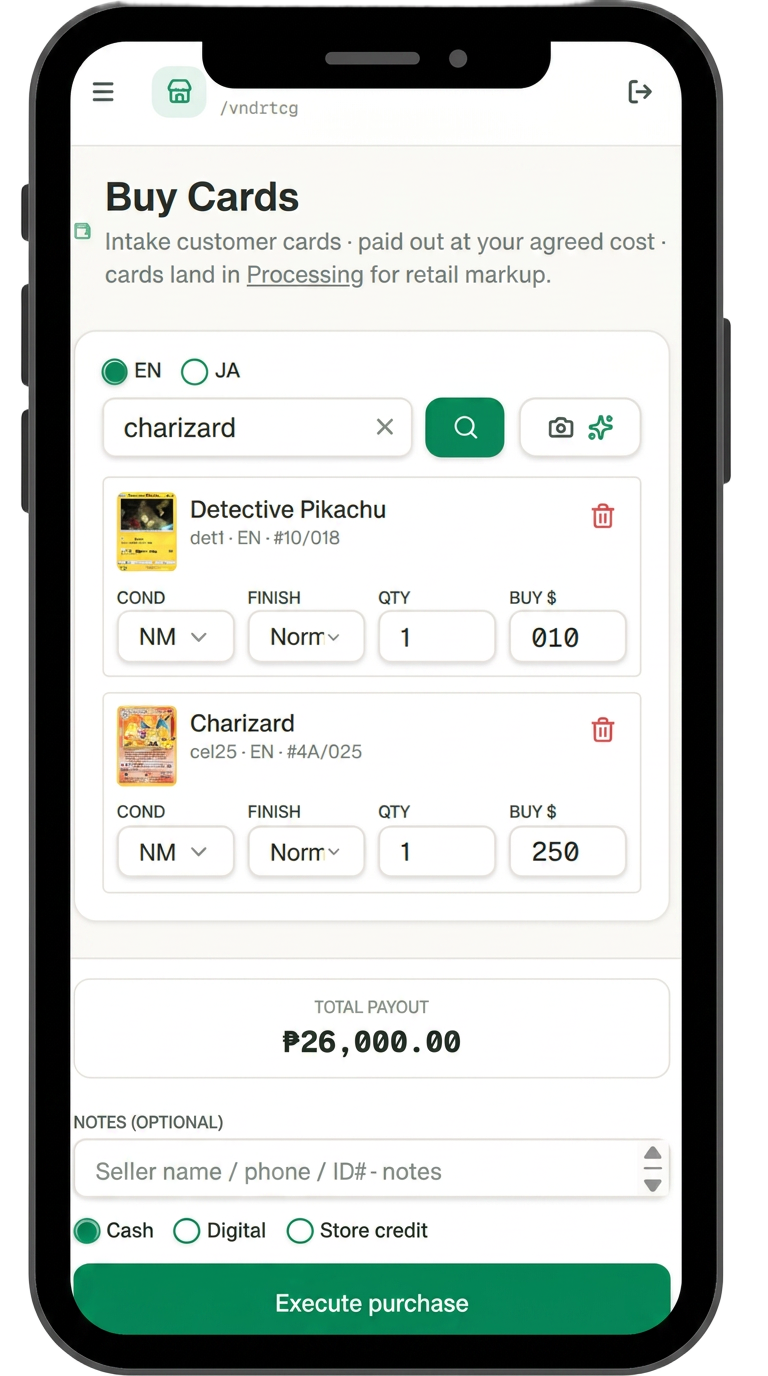 Vendr buy cards intake screen on mobile with card search and payout total