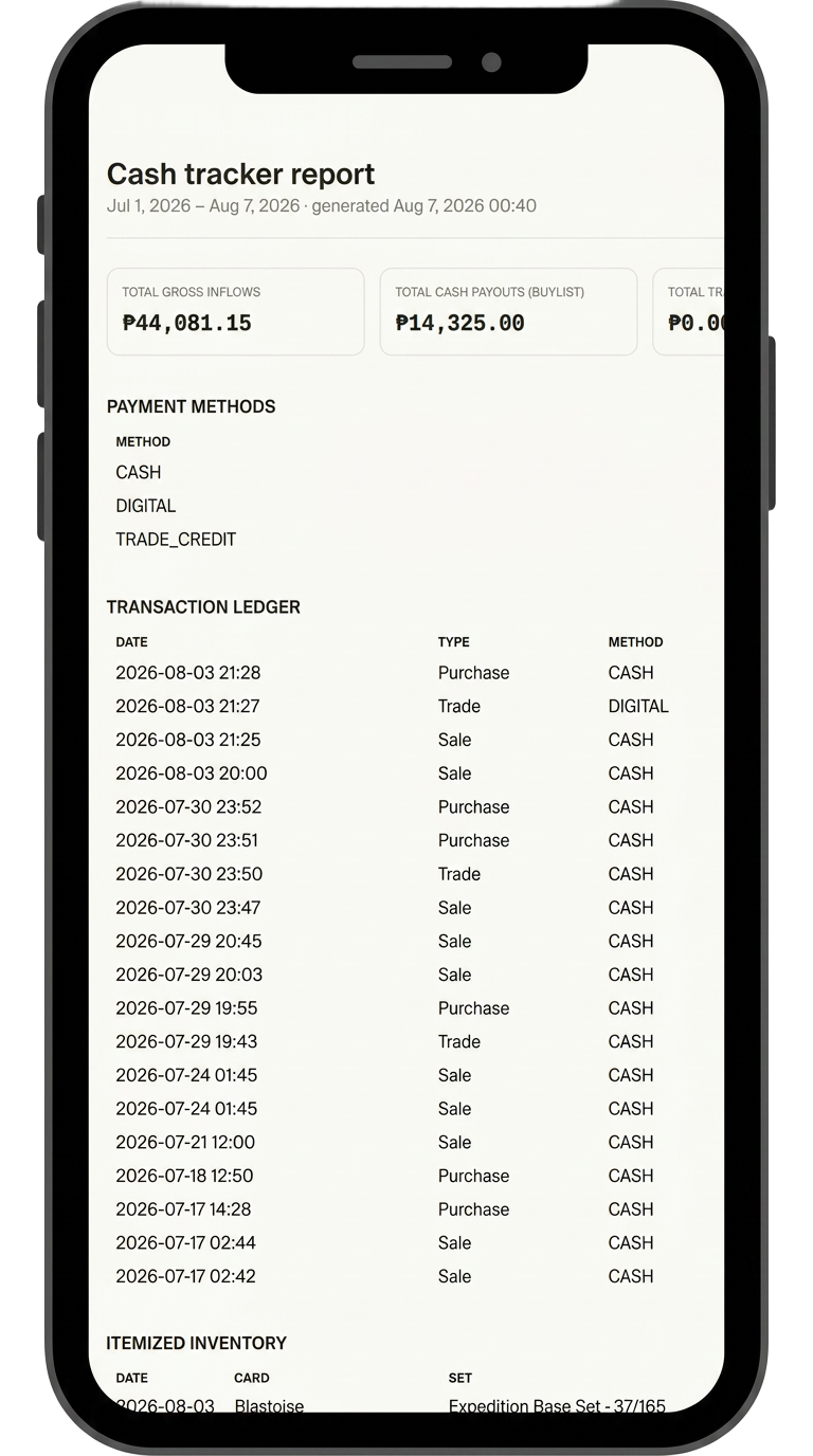 Vendr cash tracker report with transaction ledger on mobile