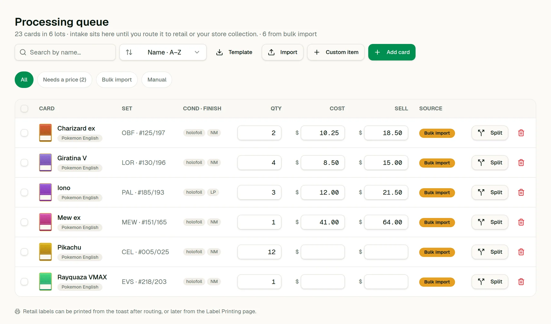 The Vendr processing queue with six cards imported from a spreadsheet, showing the Template, Import, Custom item and Add card buttons