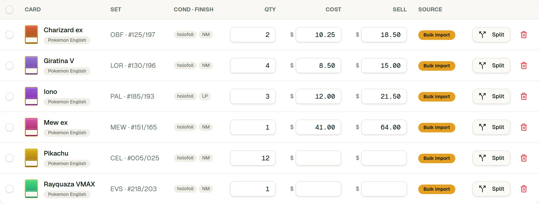 The processing queue table with editable cost and sell price fields, two rows still blank