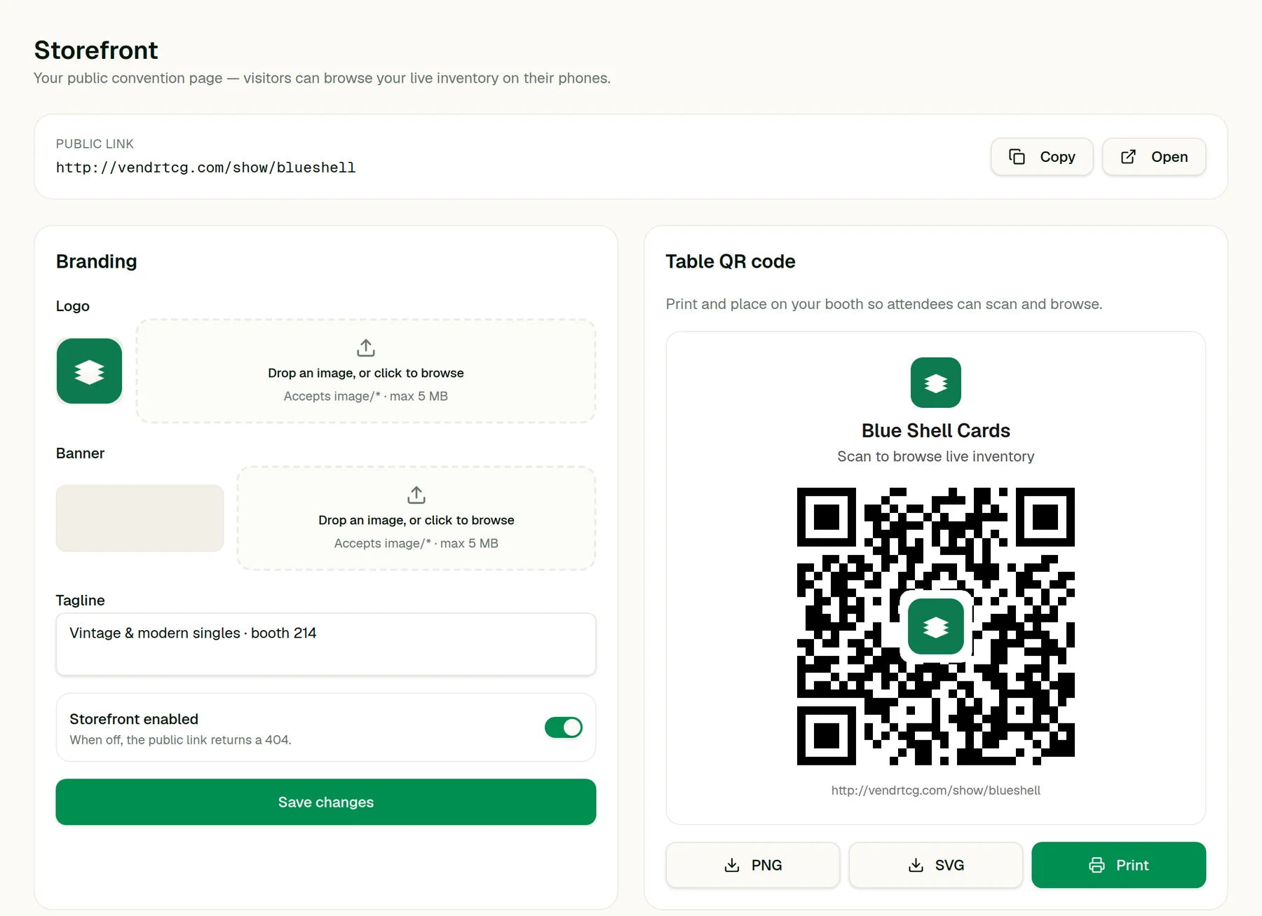 The Vendr storefront settings page showing the public link, branding fields, storefront toggle and a printable table QR code